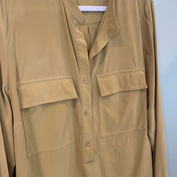 Mustard Yellow Collarless Button-Up Silk Blouse Approx. Women’s Large  or XL - Picture 4 of 6